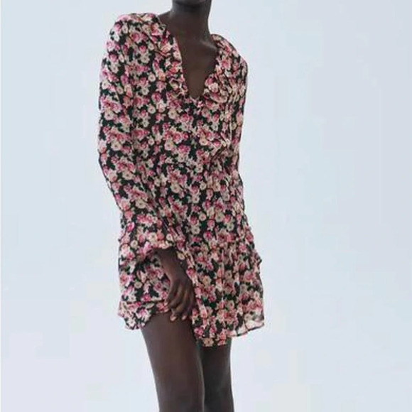 Zara Floral Print Long Sleeve Romantic Mini Sheer Dress Size Medium - Picture 1 of 7